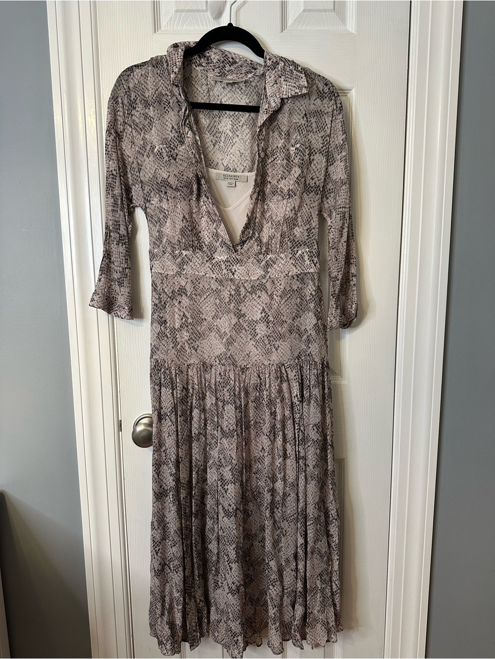 All Saints Taupe Snake-Print V-Neck Midi Dress